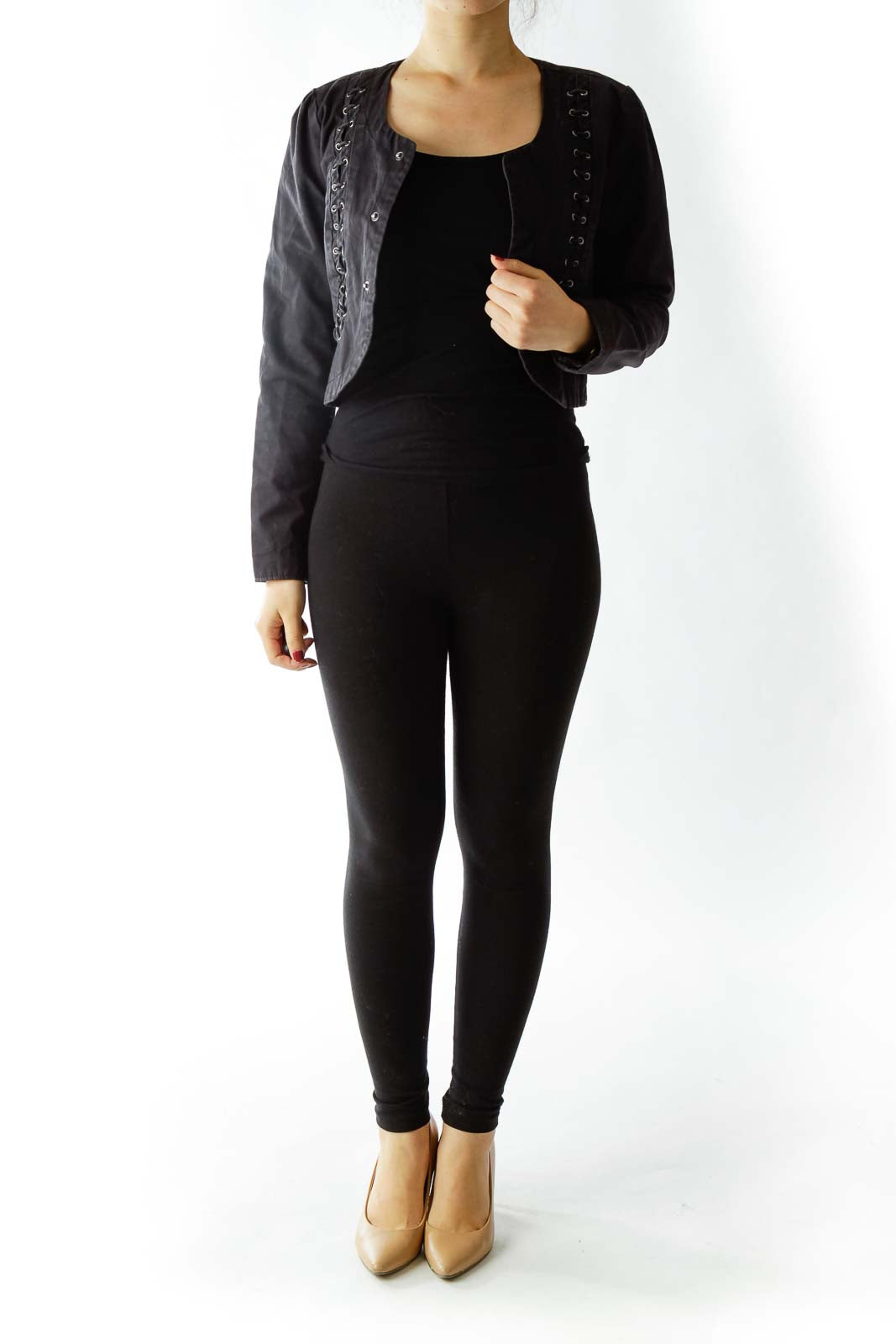 Black Buttoned Cropped Jacket with String Details