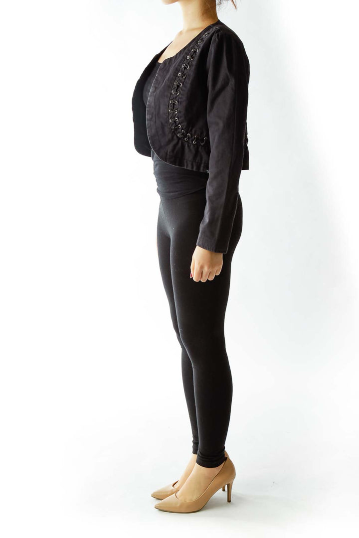 Black Buttoned Cropped Jacket with String Details