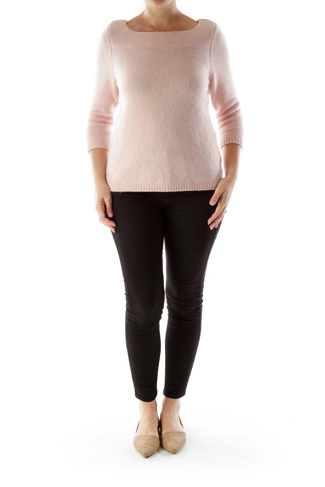 Pink Three-Quarter Sleeve Cashmere Sweater with Square Neckline