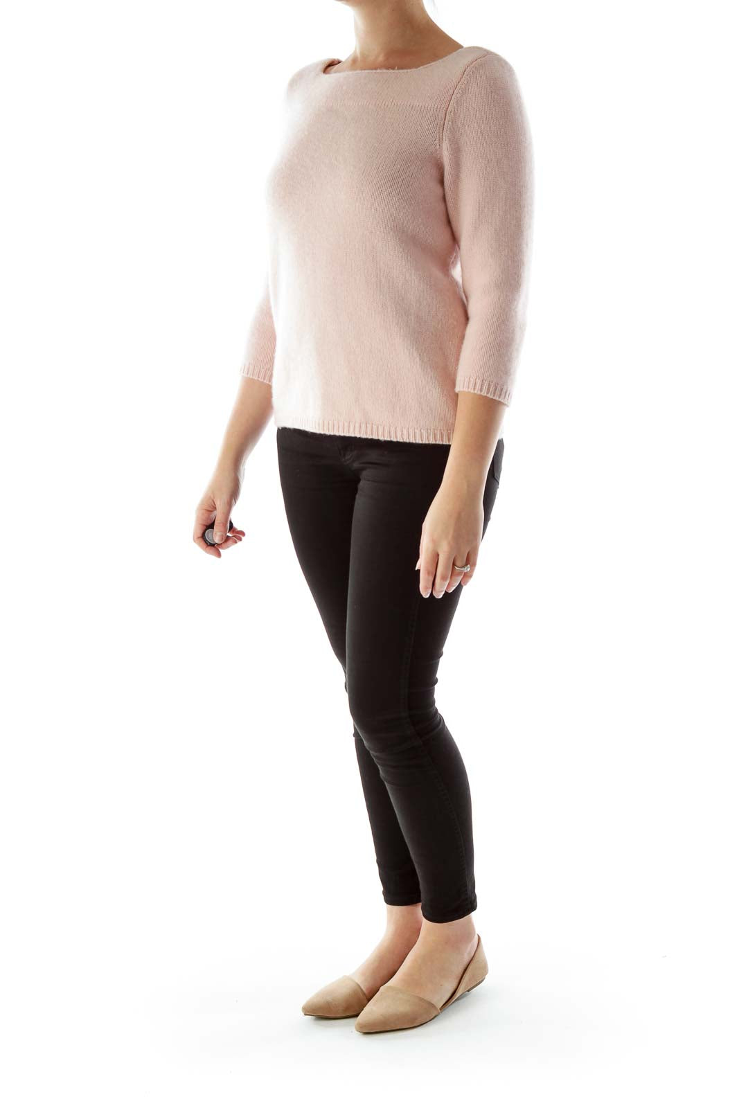 Pink Three-Quarter Sleeve Cashmere Sweater with Square Neckline