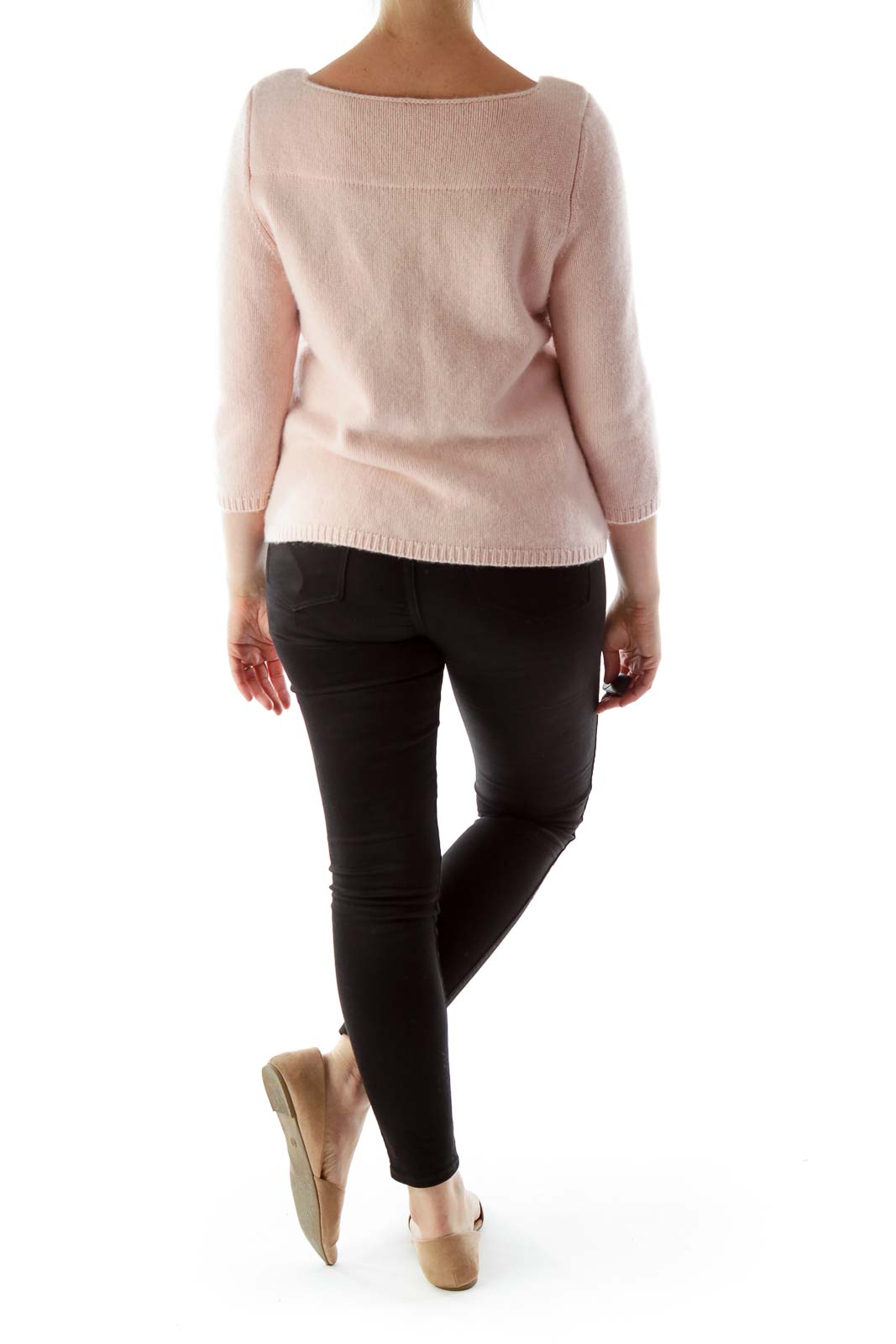 Pink Three-Quarter Sleeve Cashmere Sweater with Square Neckline