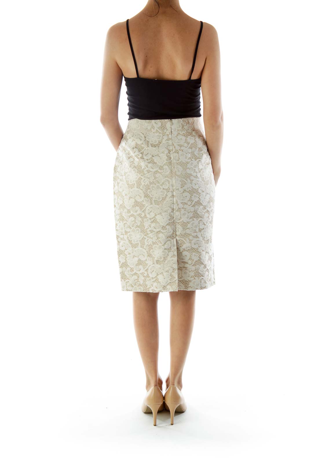 Beige Cream Flower Embroidered Pencil Skirt