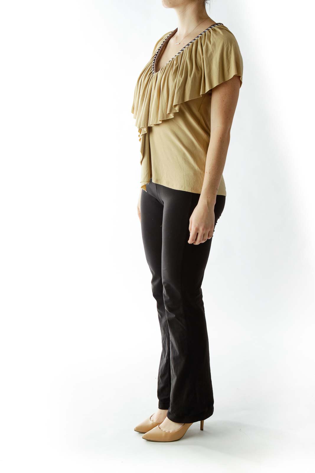 Beige Ruffled Top with Neck Rope Detailing