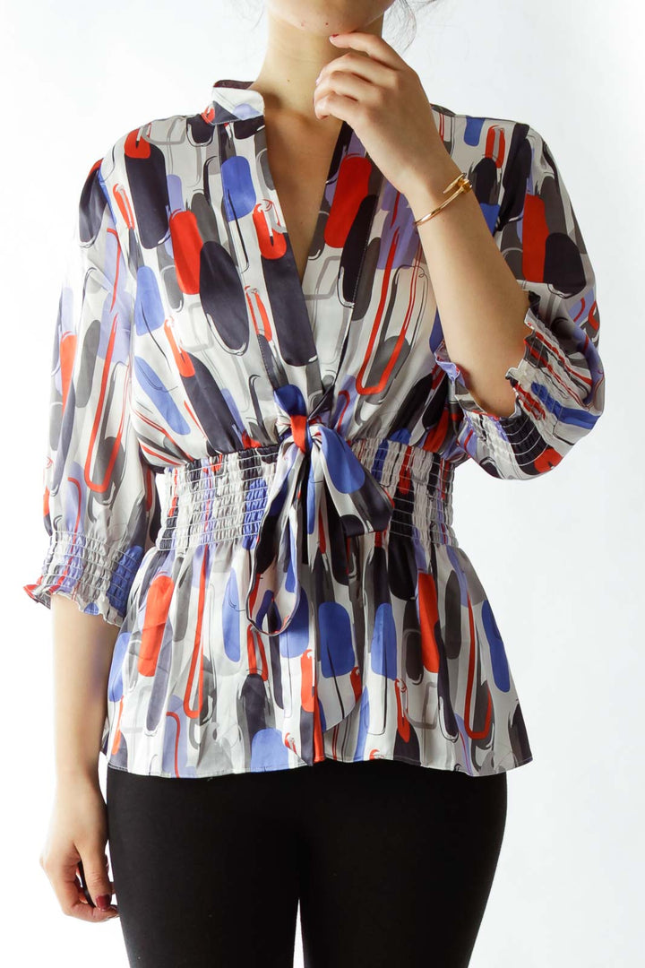 Multicolored Blouse with Tie and Scrunched Detailing