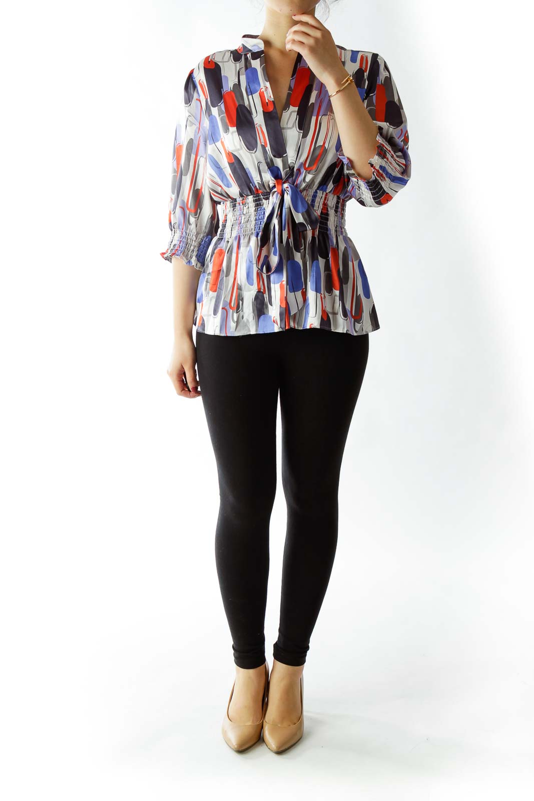 Multicolored Blouse with Tie and Scrunched Detailing