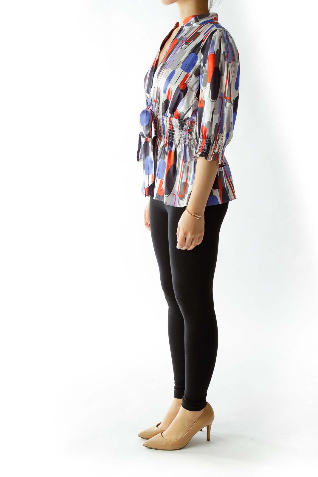 Multicolored Blouse with Tie and Scrunched Detailing