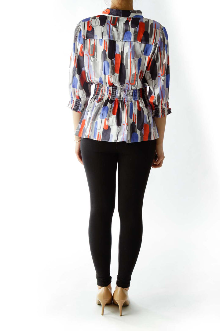 Multicolored Blouse with Tie and Scrunched Detailing