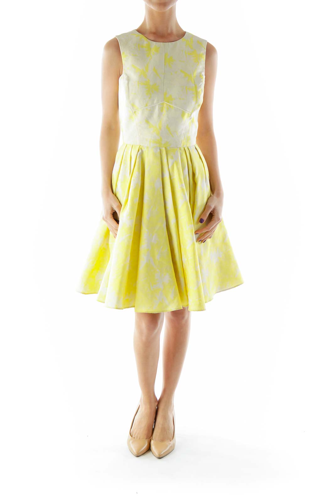 Cream Yellow Flared Floral Dress