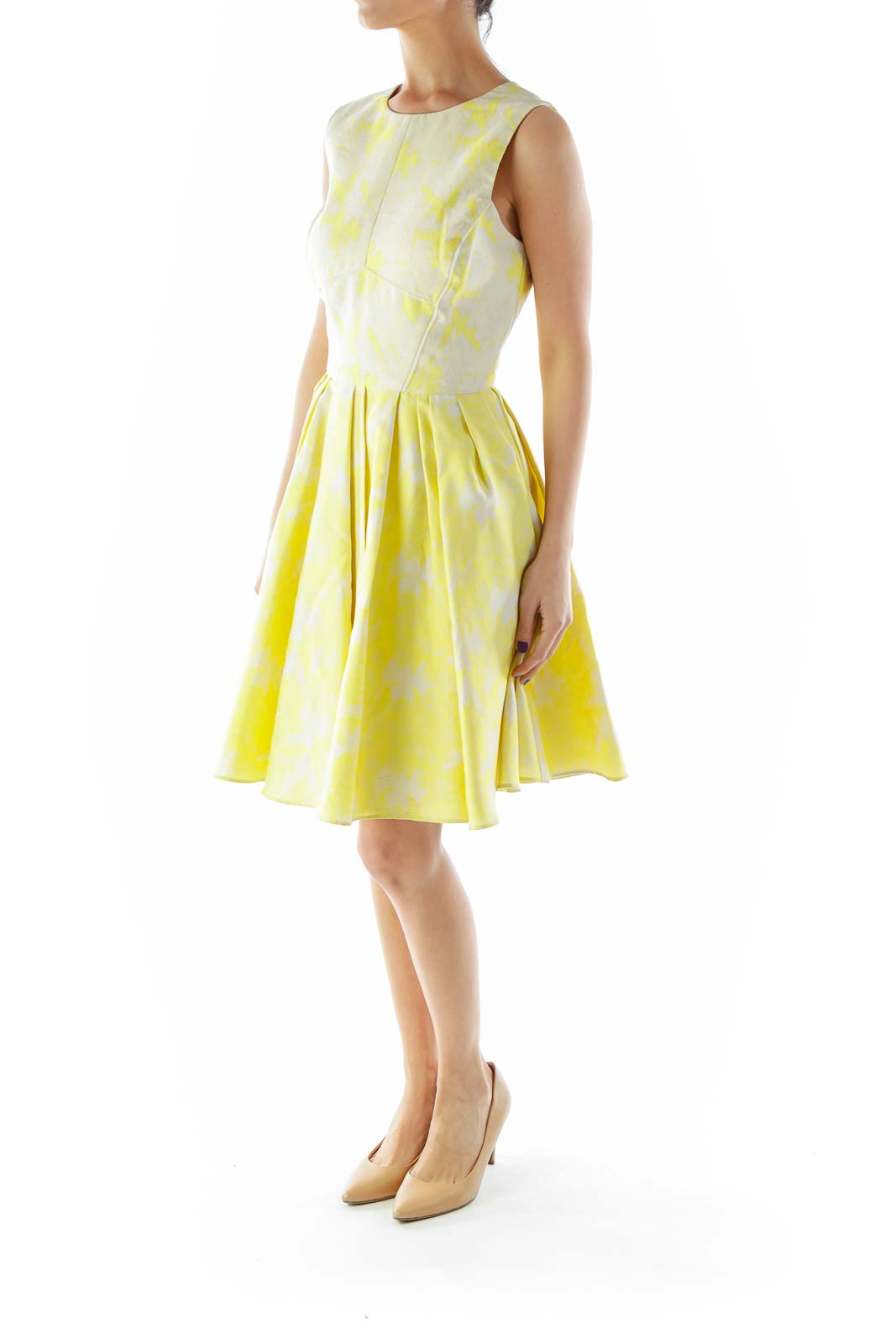 Cream Yellow Flared Floral Dress