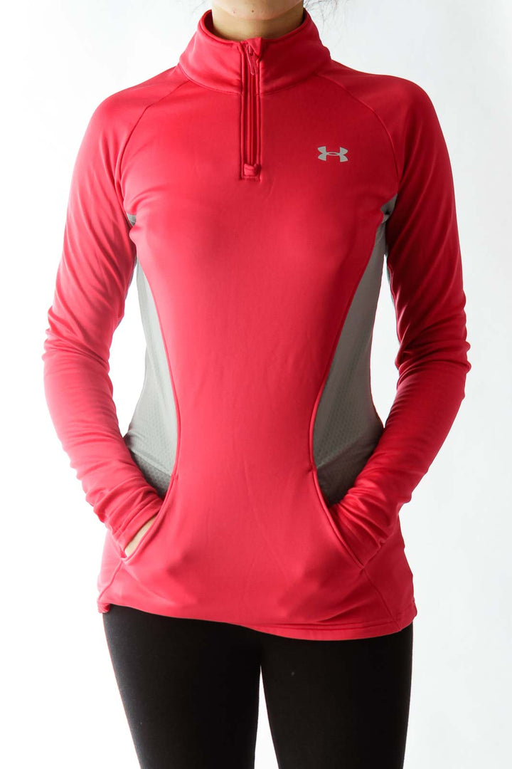 Hot Pink Gray Zippered High-Neck Sports Top