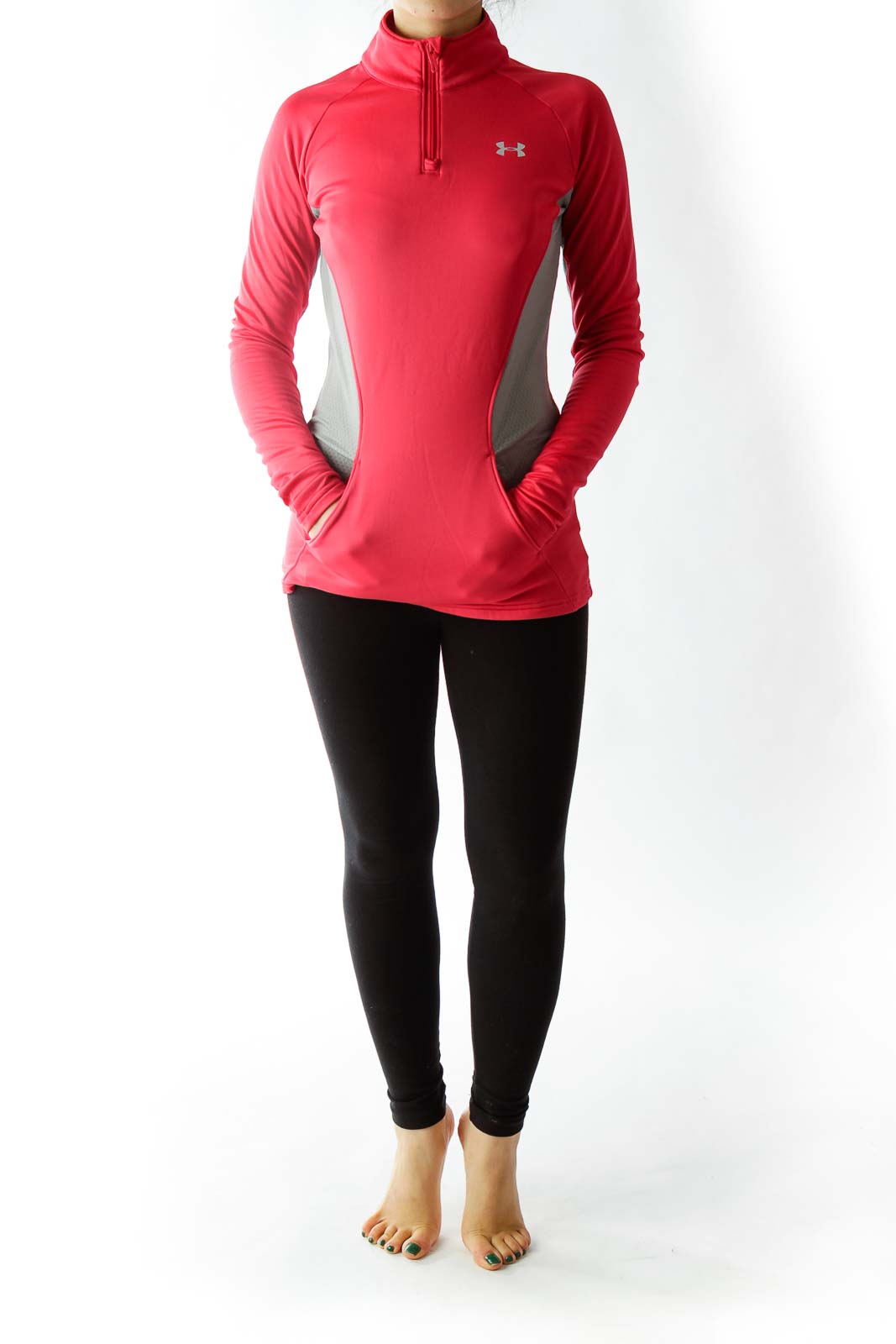 Hot Pink Gray Zippered High-Neck Sports Top