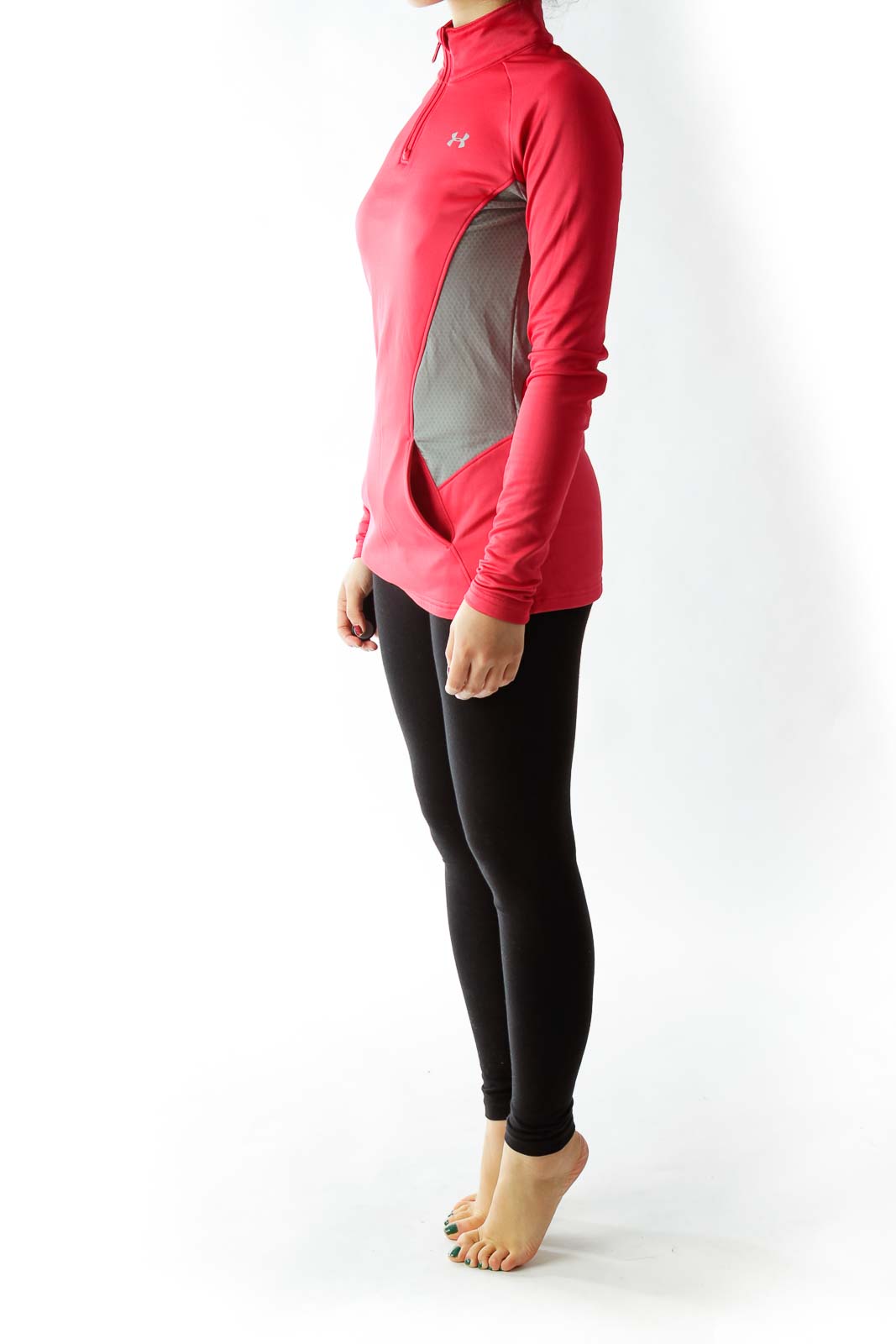 Hot Pink Gray Zippered High-Neck Sports Top