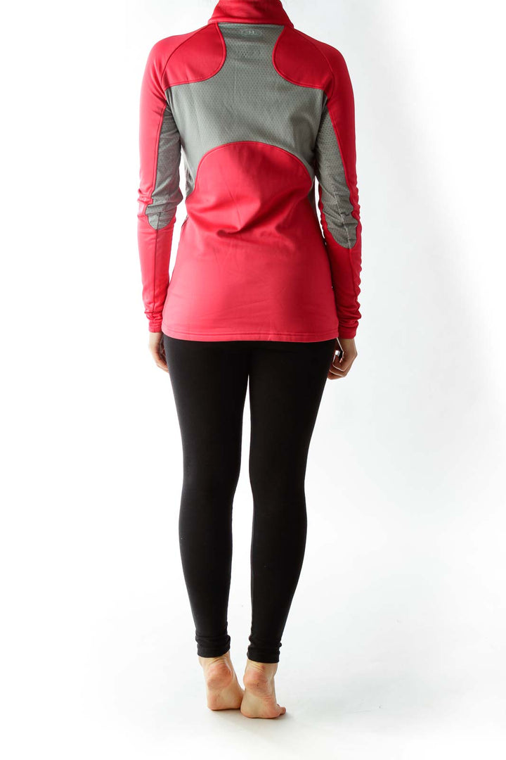 Hot Pink Gray Zippered High-Neck Sports Top