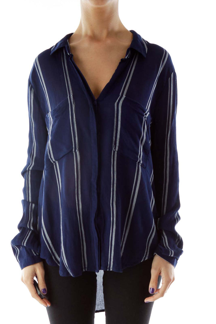 Navy Gray Striped Pocketed Blouse