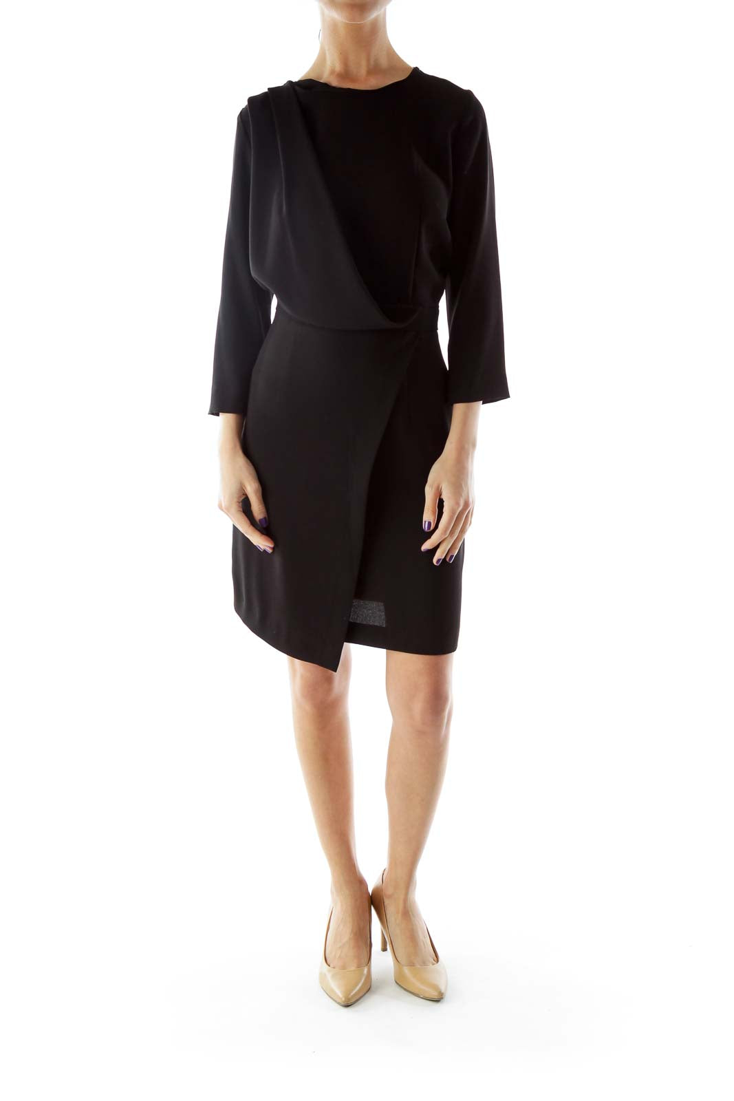 Black Three-Quarter Sleeve Dress with Wrap Detail