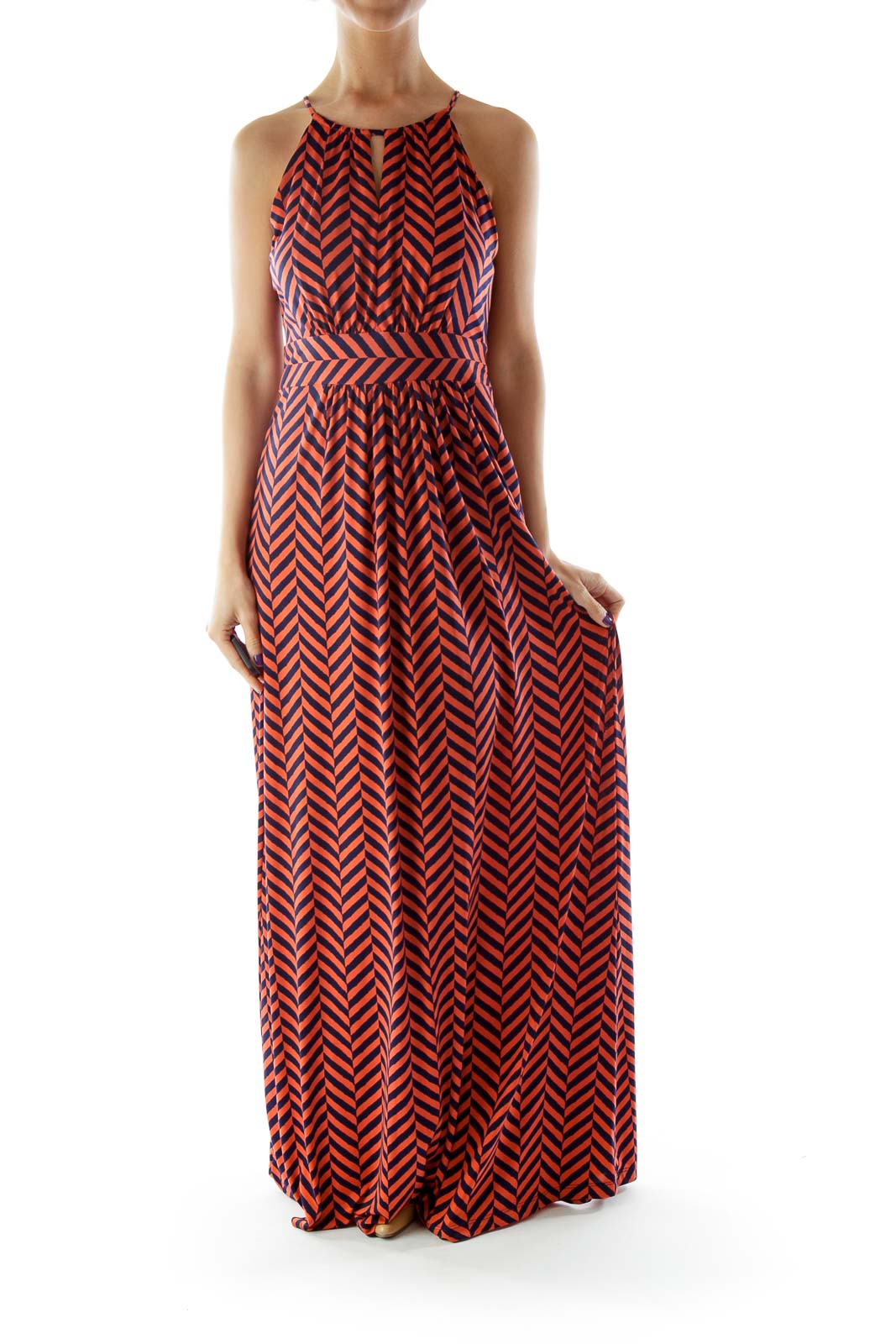 Orange Black Chevron Maxi Dress with Elastic Waistband