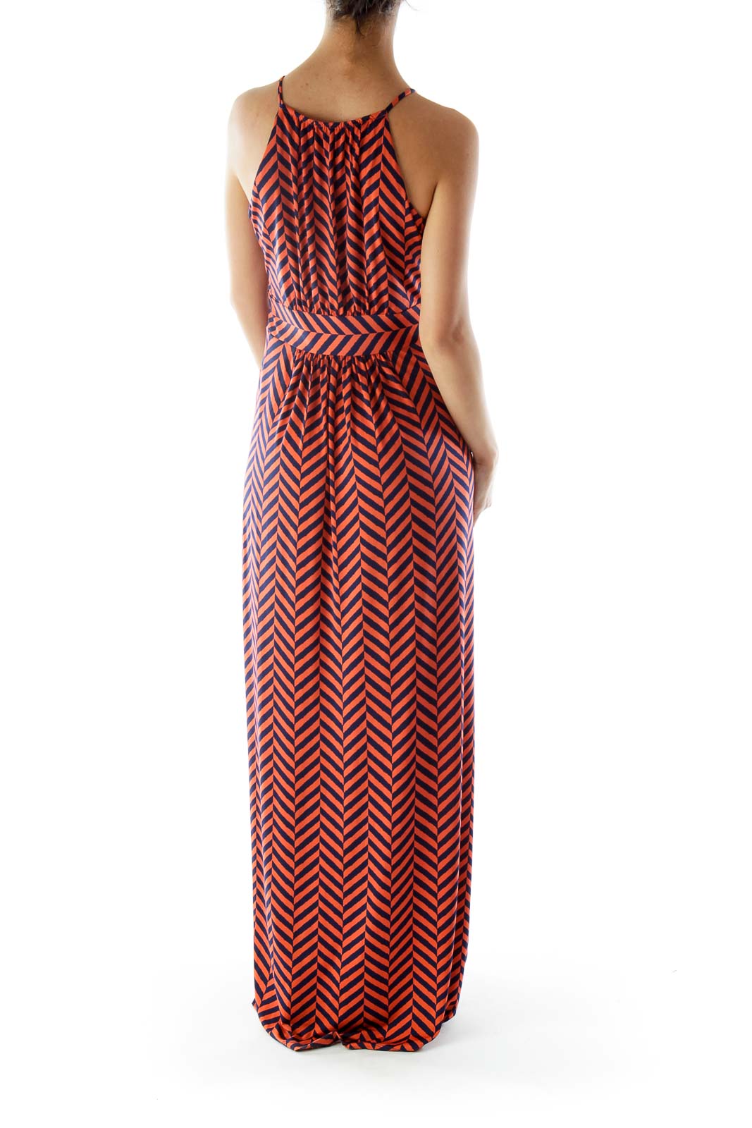 Orange Black Chevron Maxi Dress with Elastic Waistband