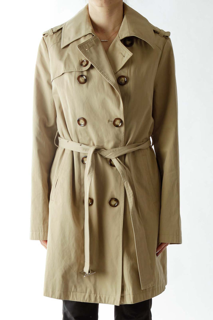 Beige Double-Breasted Belted Trench Coat