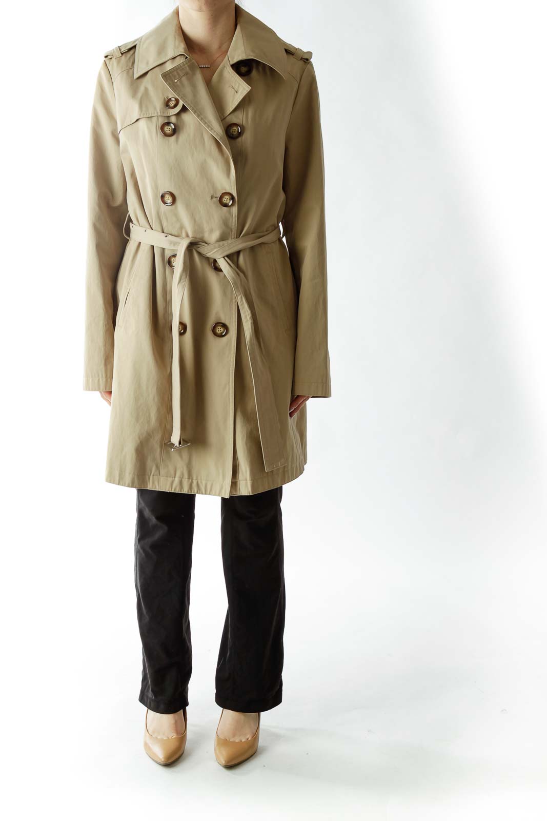 Beige Double-Breasted Belted Trench Coat