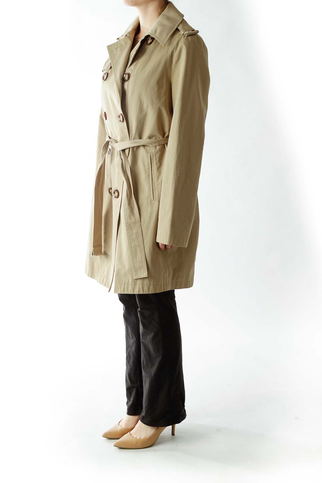 Beige Double-Breasted Belted Trench Coat