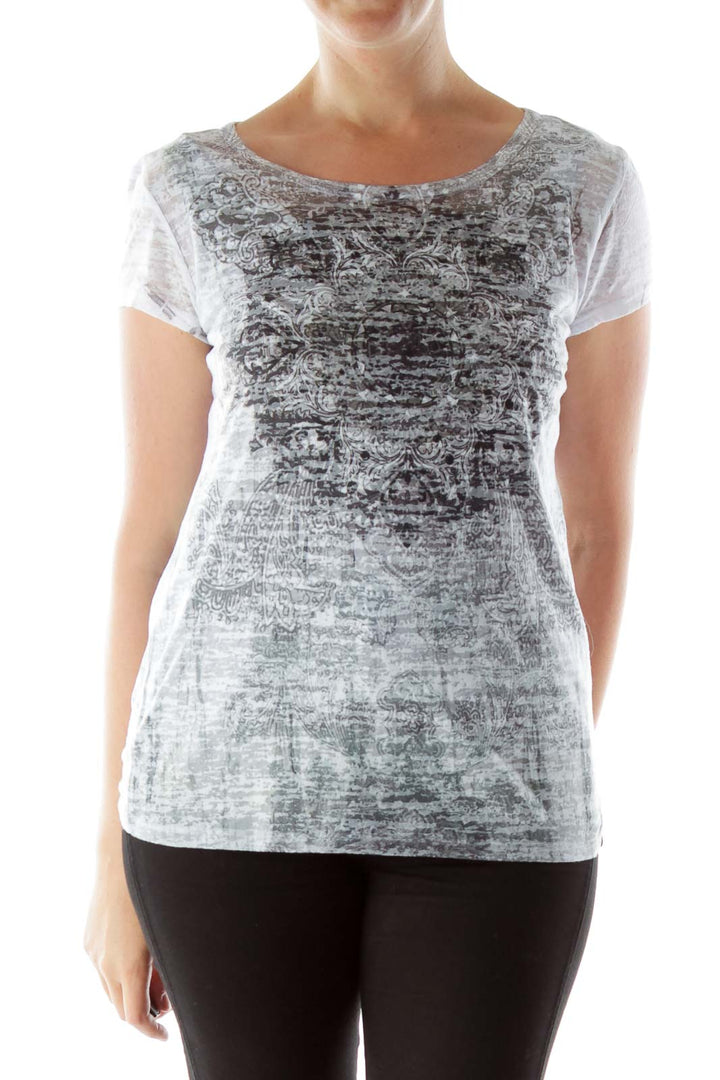 Gray & White Printed Burn Out T Shirt