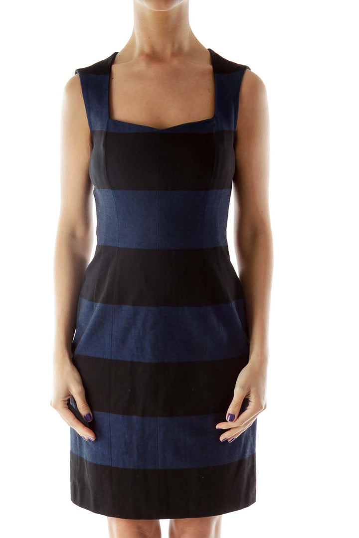 Black Blue Fitted Square Neck Dress