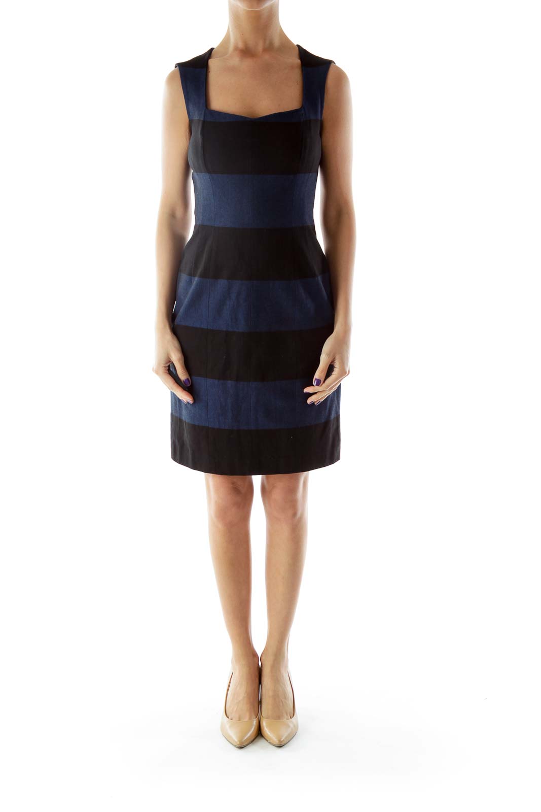 Black Blue Fitted Square Neck Dress