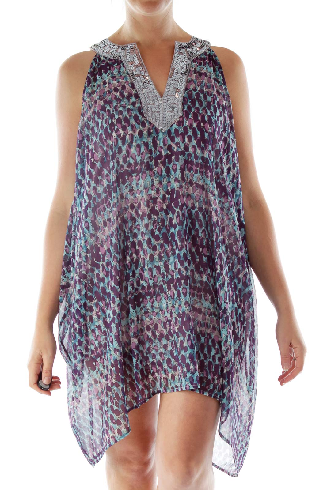 Front view of Free People purple and blue leopard print chiffon dress with beaded V-neckline