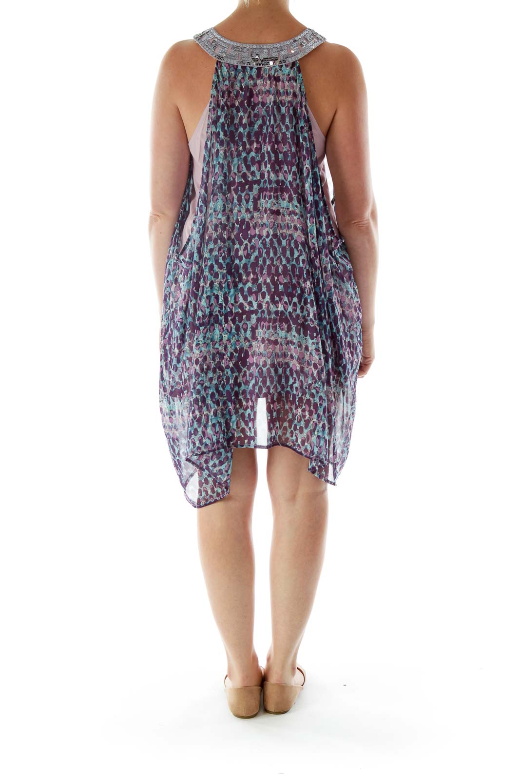 Back view of Free People purple and blue leopard print chiffon dress showing flowy silhouette