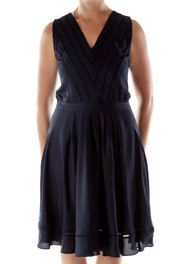 Navy V-Neck Trimmed Dress