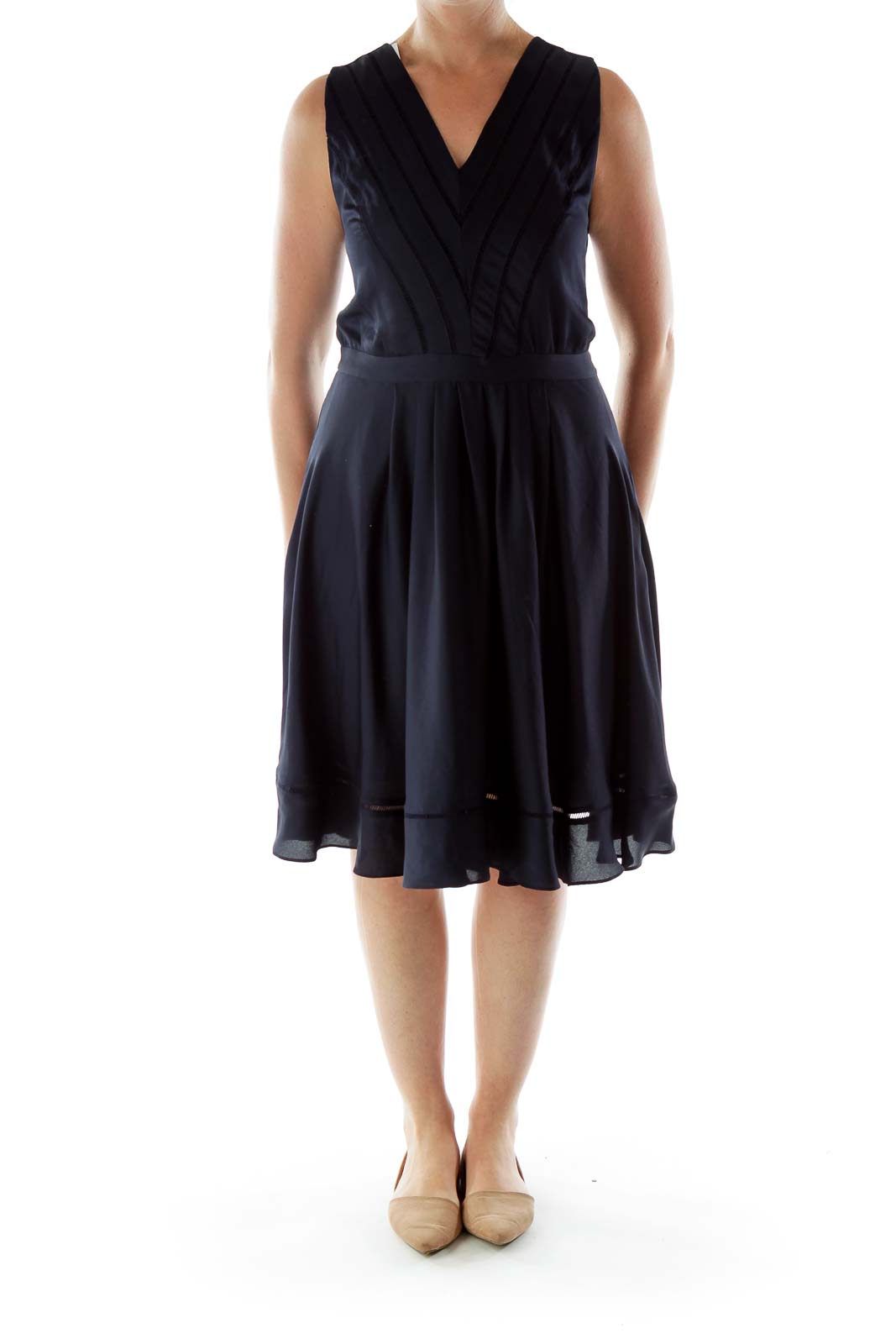 Navy V-Neck Trimmed Dress