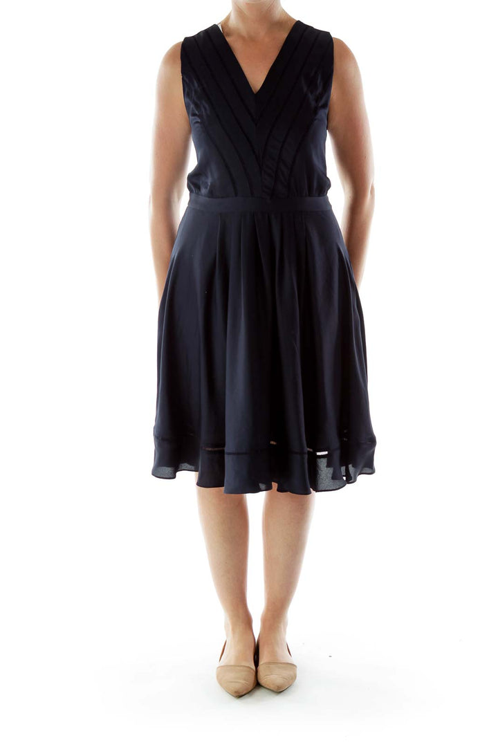 Navy V-Neck Trimmed Dress