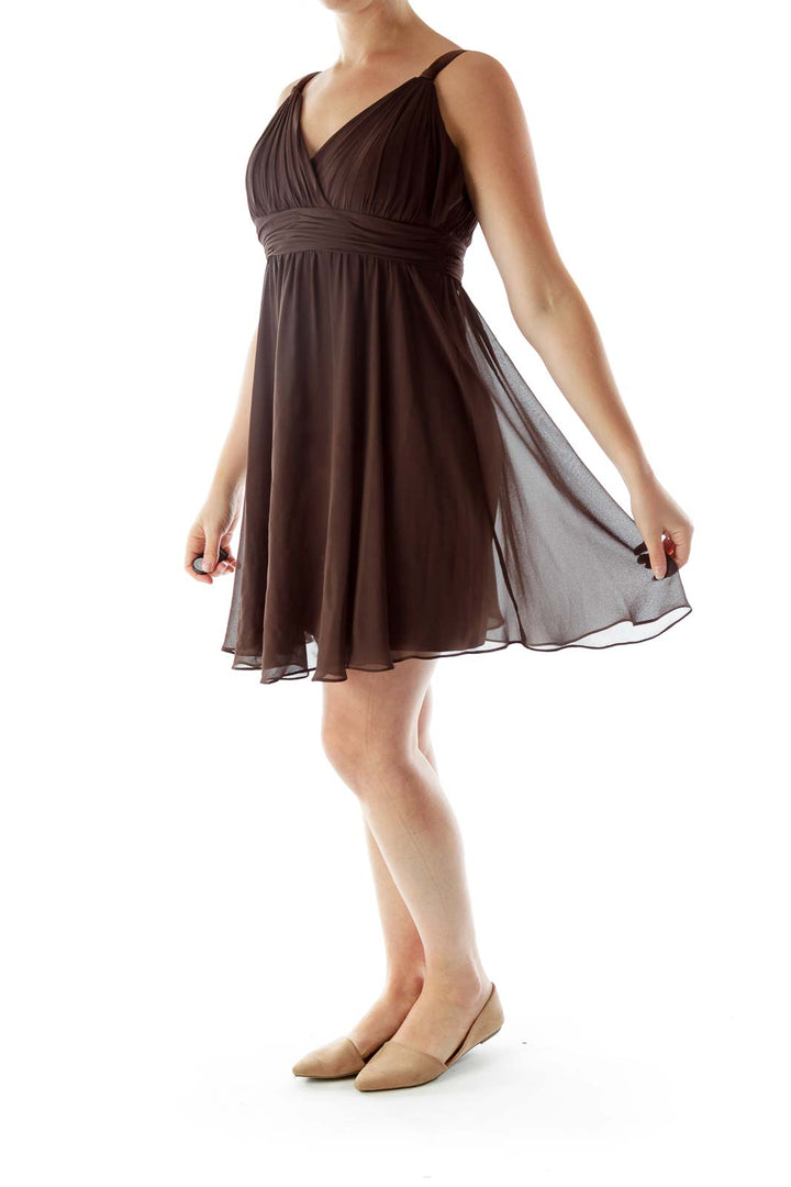 Brown V-Neck Chiffon Dress