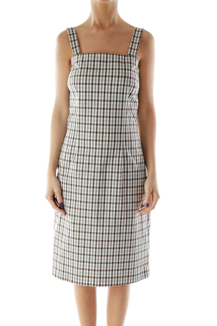 Beige and Brown Gingham Fitted Dress