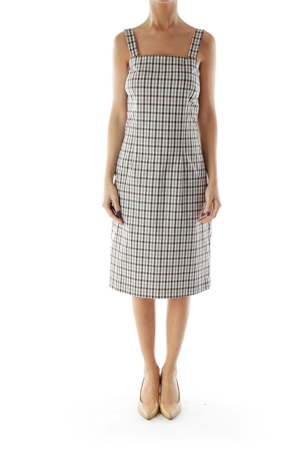 Beige and Brown Gingham Fitted Dress