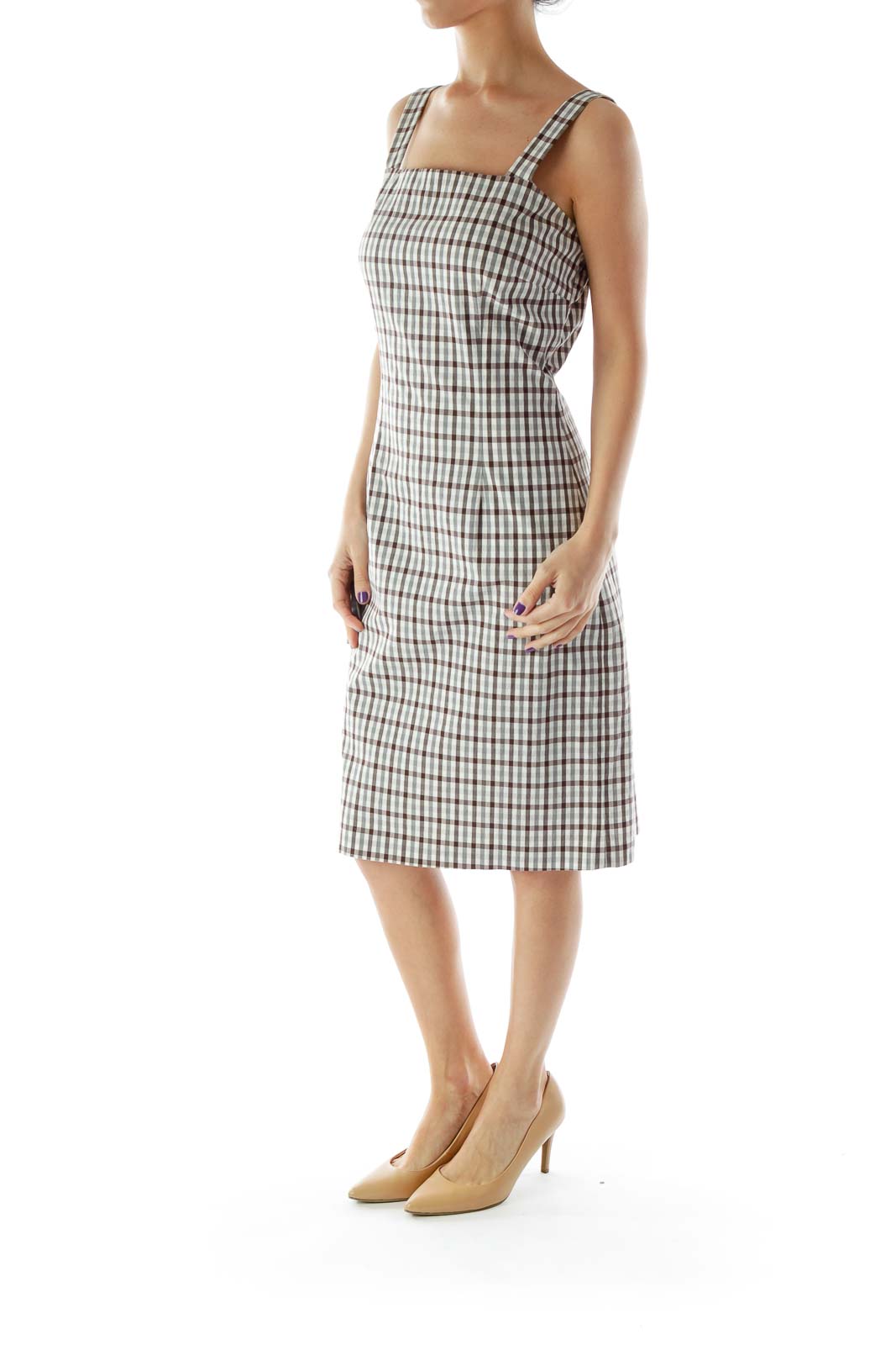 Beige and Brown Gingham Fitted Dress