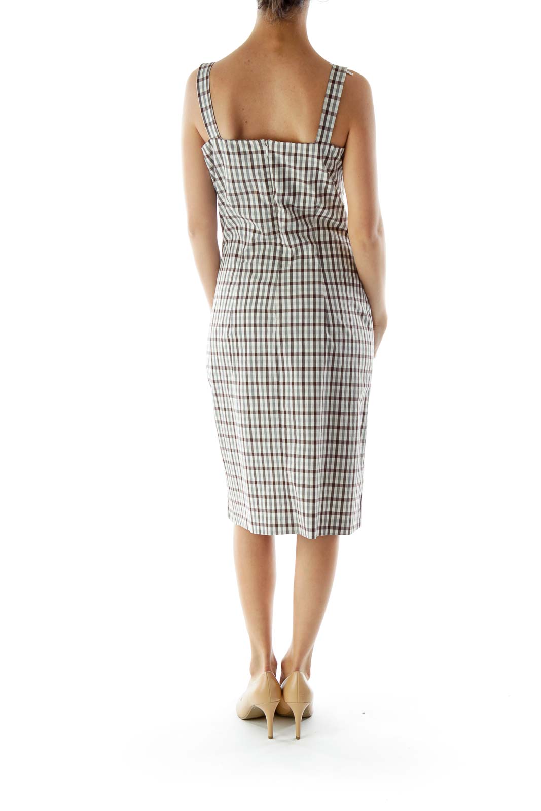 Beige and Brown Gingham Fitted Dress