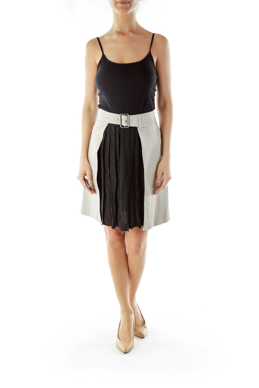 Gray Black Belted Pleated Skirt