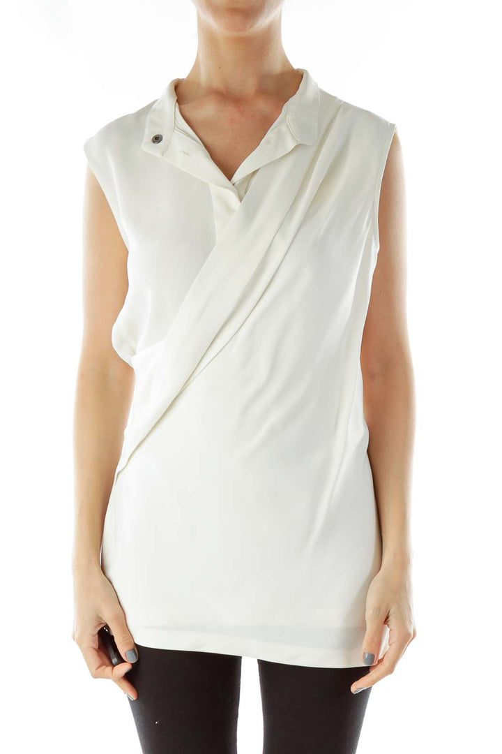 White Buttoned Pleated Dress with Wrap Detail