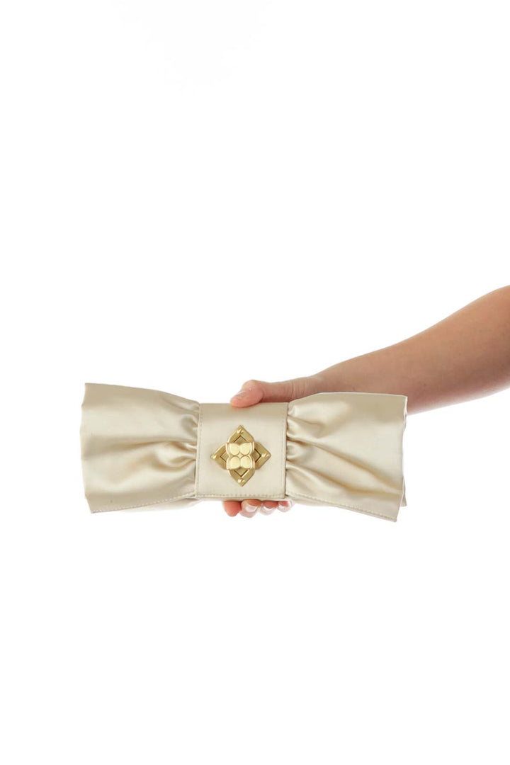 Champaign Faux-Satin Bow Clutch with Gold Hardware