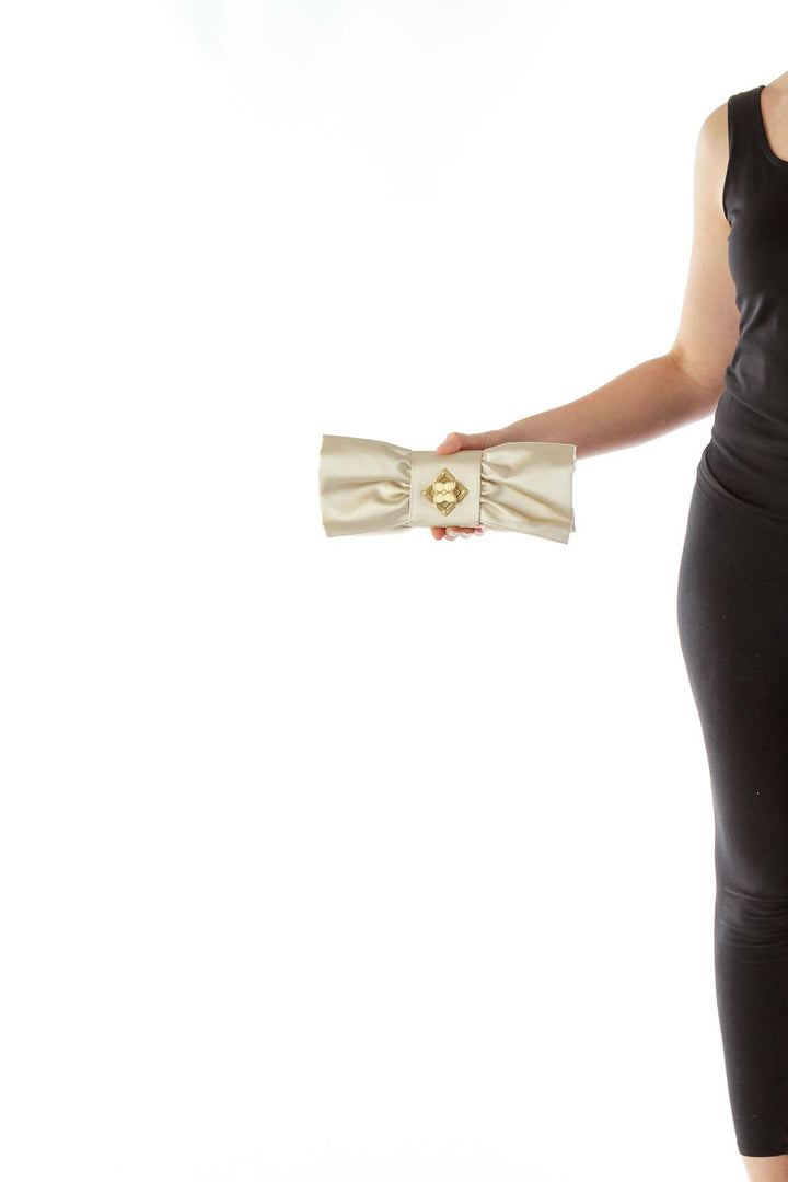 Champaign Faux-Satin Bow Clutch with Gold Hardware