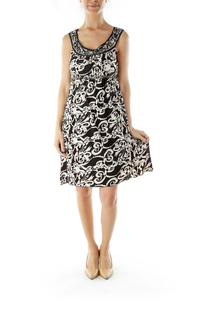 Black White Print Dress with Boat Neckline