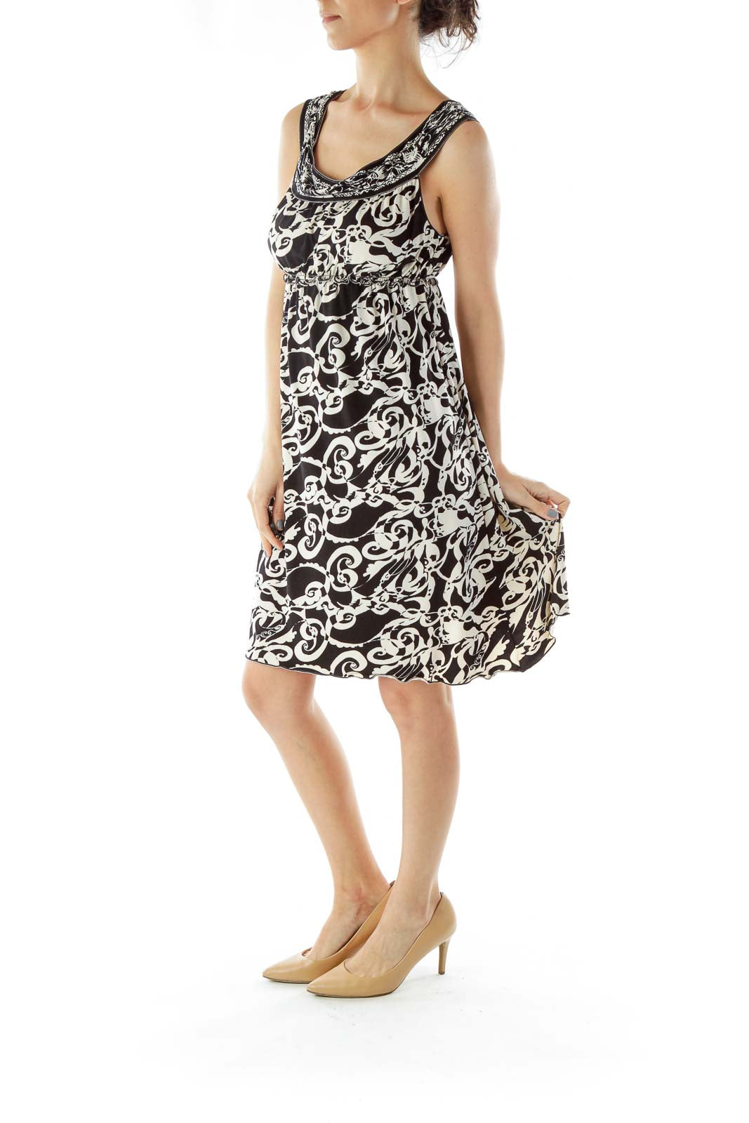 Black White Print Dress with Boat Neckline