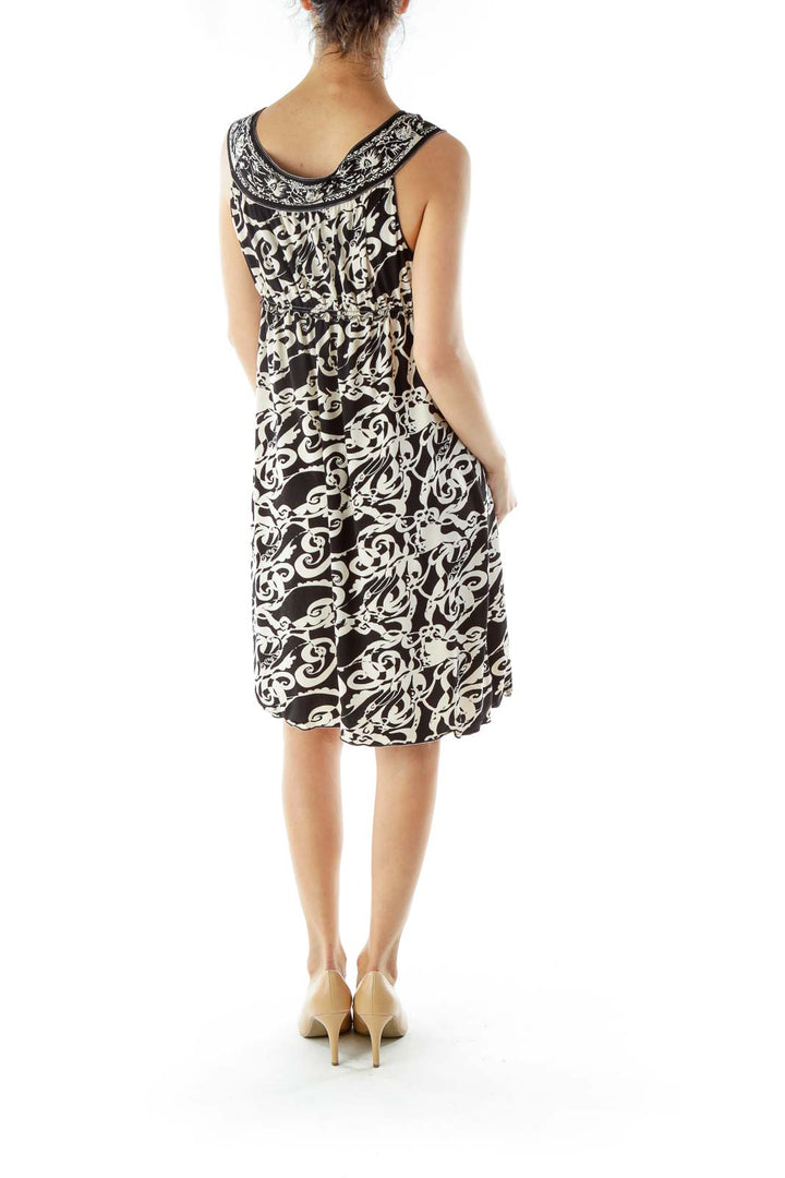 Black White Print Dress with Boat Neckline