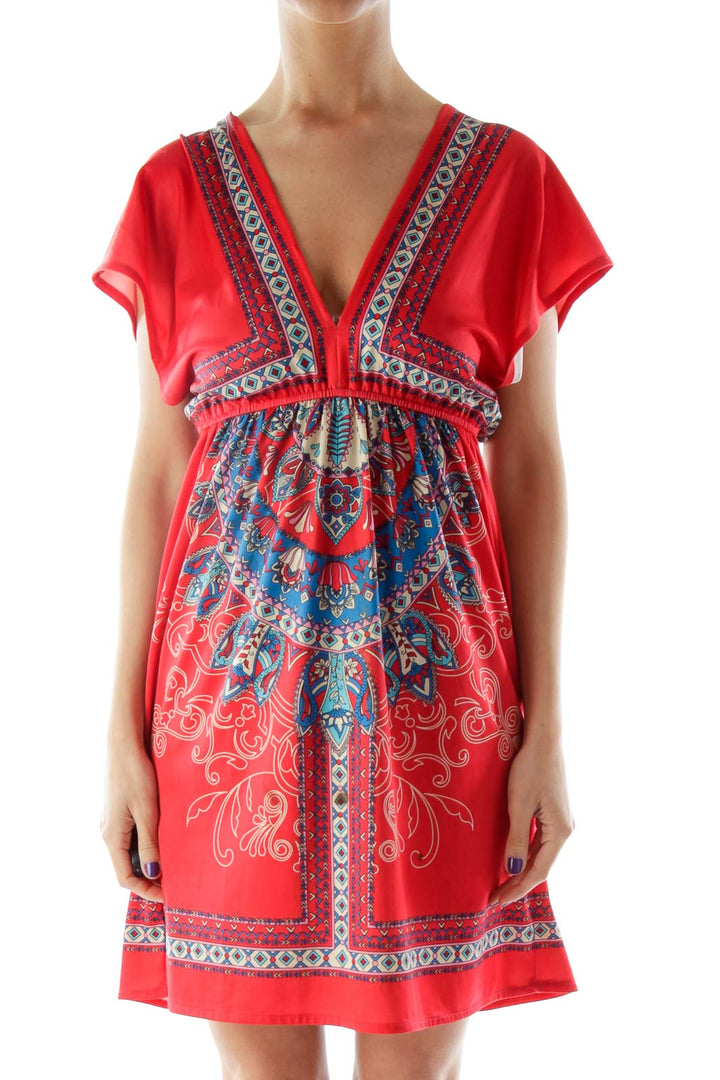 Red Multicolor Printed V-Neck Dress