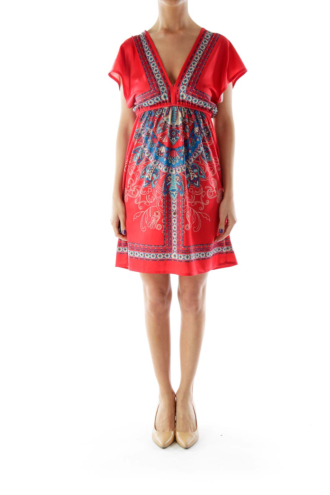 Red Multicolor Printed V-Neck Dress