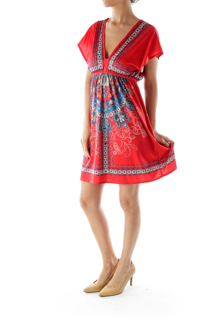 Red Multicolor Printed V-Neck Dress