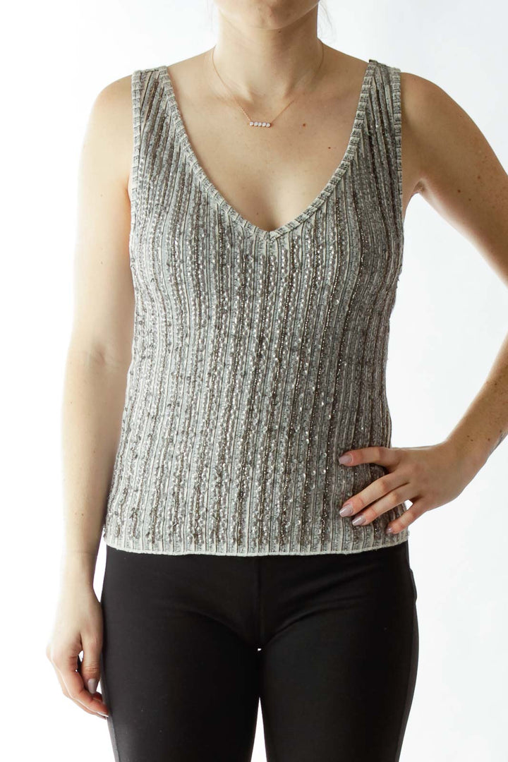 Gray Sequined V-Neck Tank Top