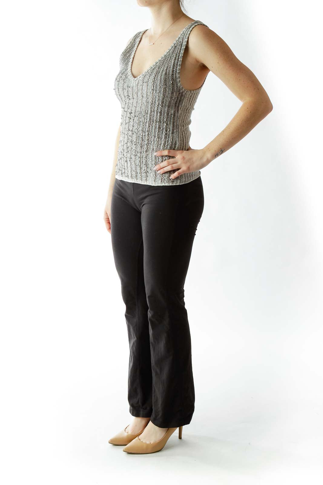 Gray Sequined V-Neck Tank Top