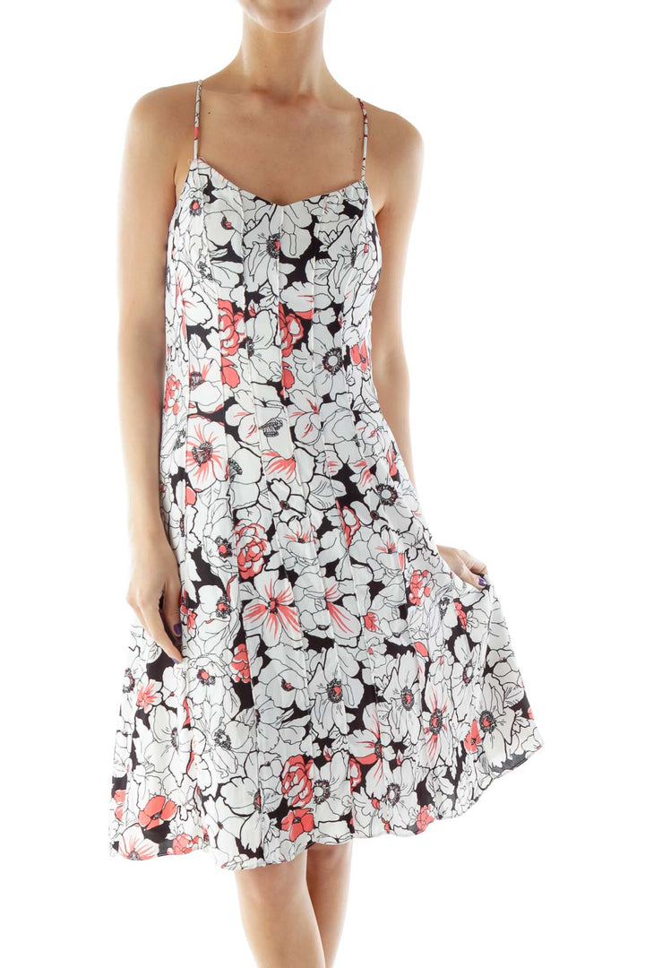 White, Black and Pink Floral Day Dress